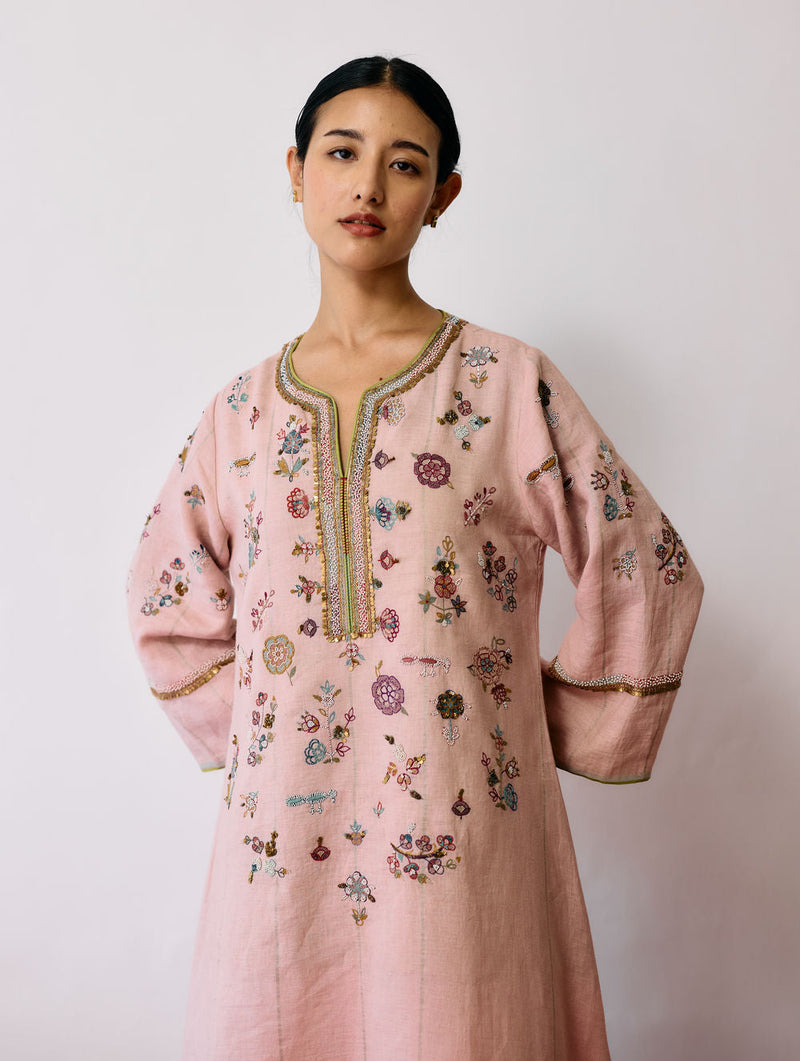 Ura Hand-Embroidered Metallic Linen Kurta Set-Pink linen kurta/kurta set by Manan in pink for women in Singapore