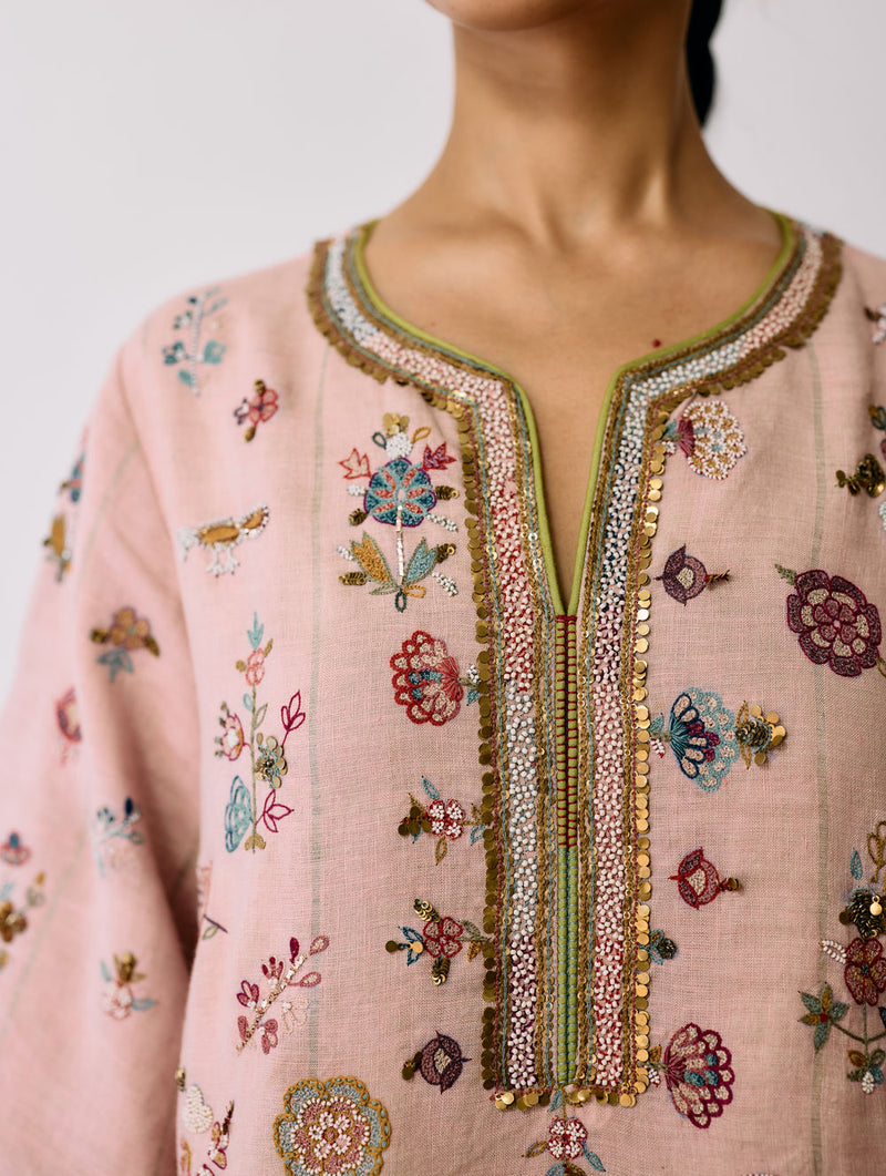 Ura Hand-Embroidered Metallic Linen Kurta Set-Pink linen kurta/kurta set by Manan in pink for women in Singapore