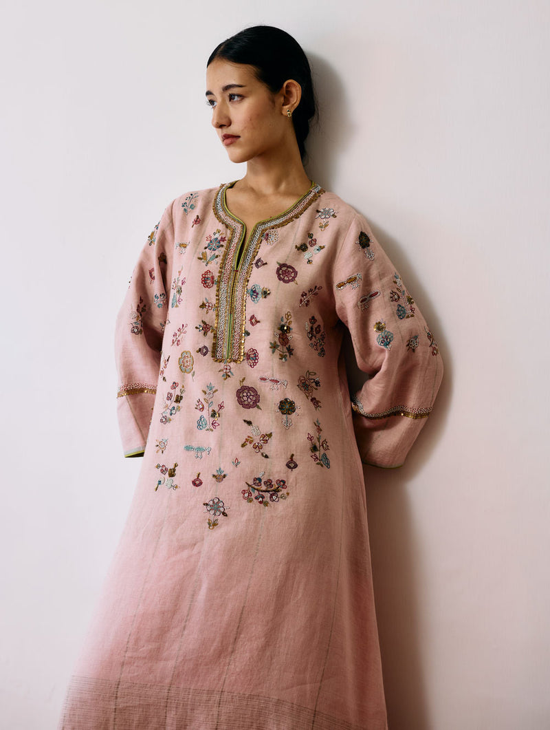Ura Hand-Embroidered Metallic Linen Kurta-Pink linen kurta/kurta set by Manan in pink for women in Singapore