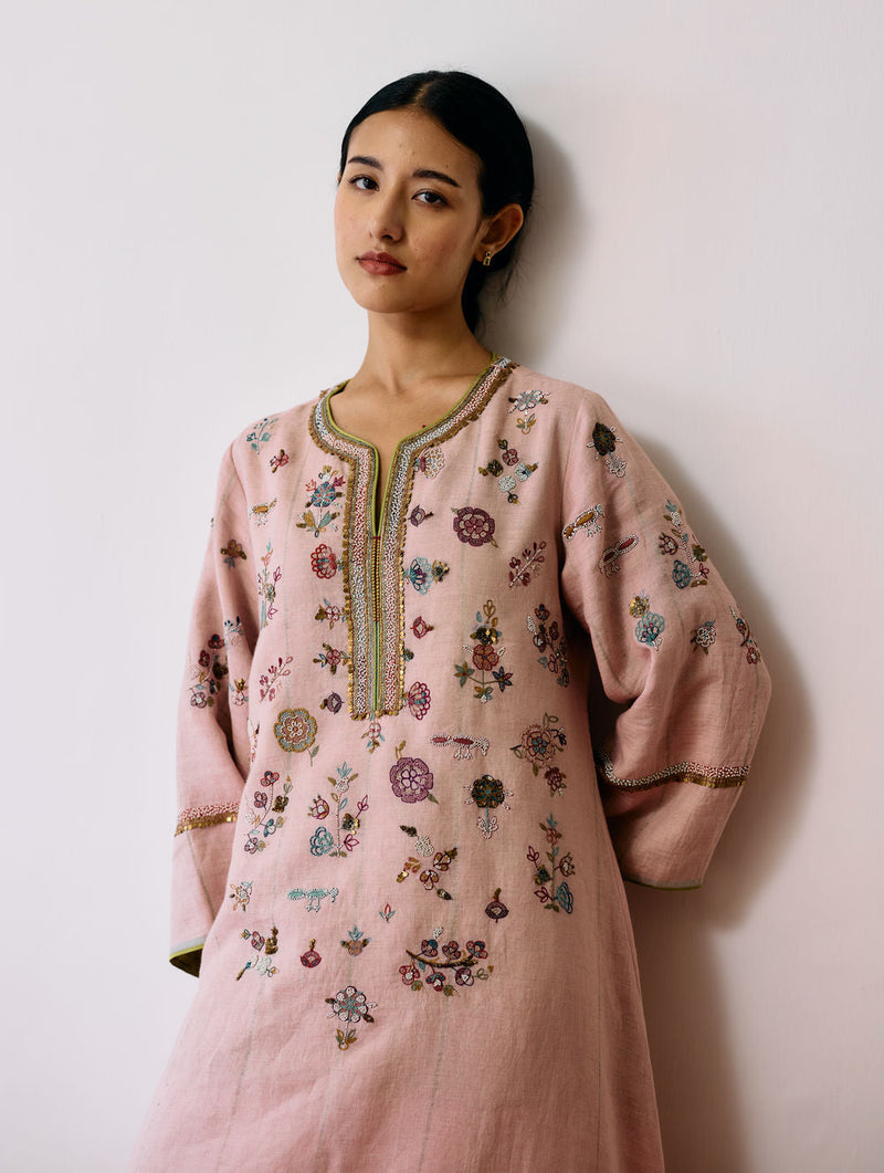 Ura Hand-Embroidered Metallic Linen Kurta Set-Pink linen kurta/kurta set by Manan in pink for women in Singapore