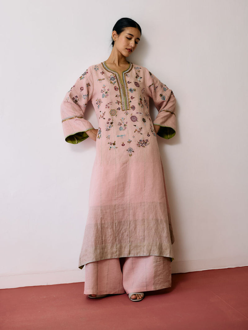 Ura Hand-Embroidered Metallic Linen Kurta Set-Pink linen kurta/kurta set by Manan in pink for women in Singapore