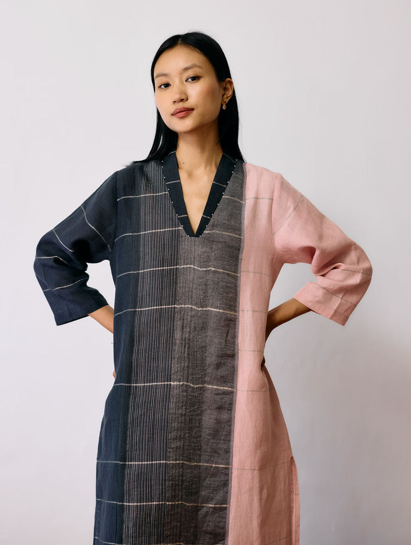 Zanera Patchwork Pintuck Kurta Set linen kurta/kurta set by Manan in black for women in Singapore