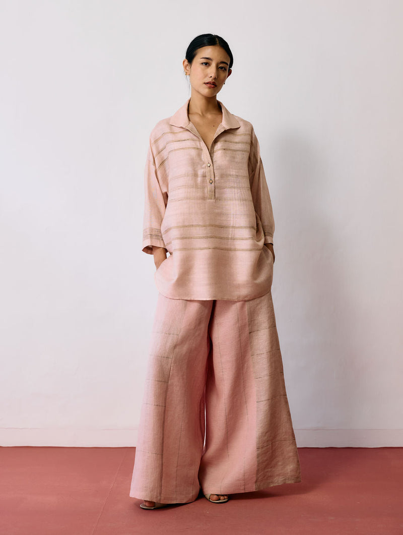 Dayana Handwoven Tussar Silk Top-Ecru Pink tussar katiya silk top/shirt by Manan in natural for women in Singapore