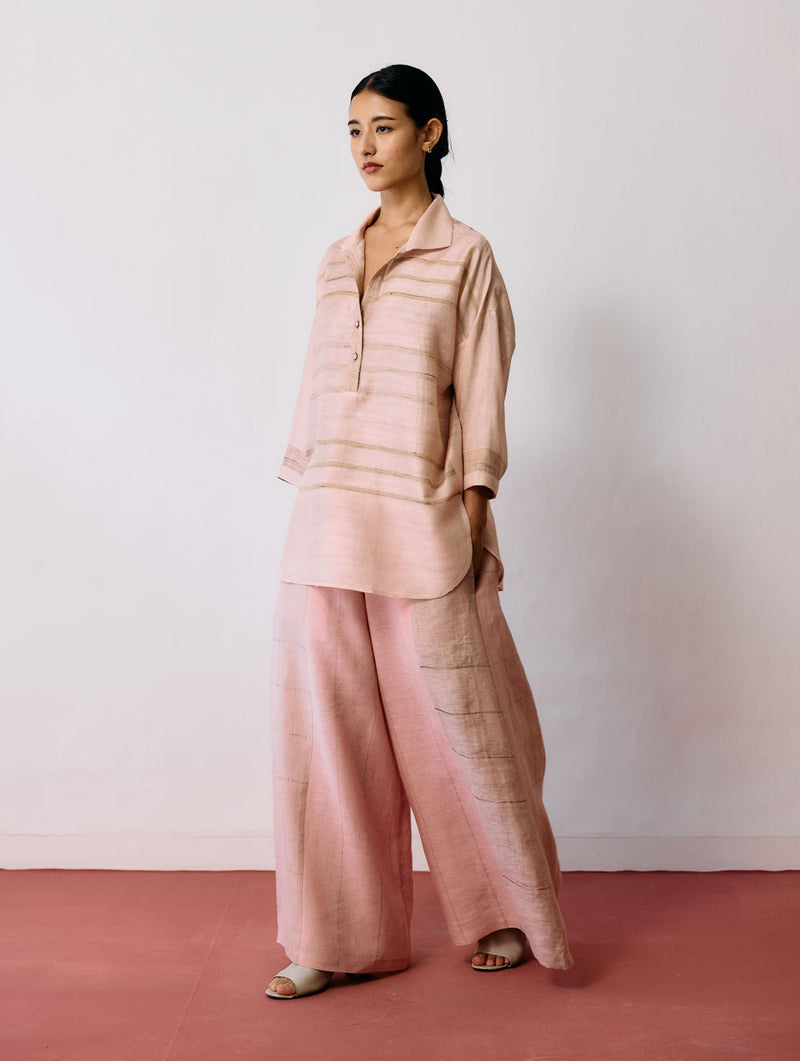 Dayana Handwoven Tussar Silk Top-Ecru Pink tussar katiya silk top/shirt by Manan in natural for women in Singapore
