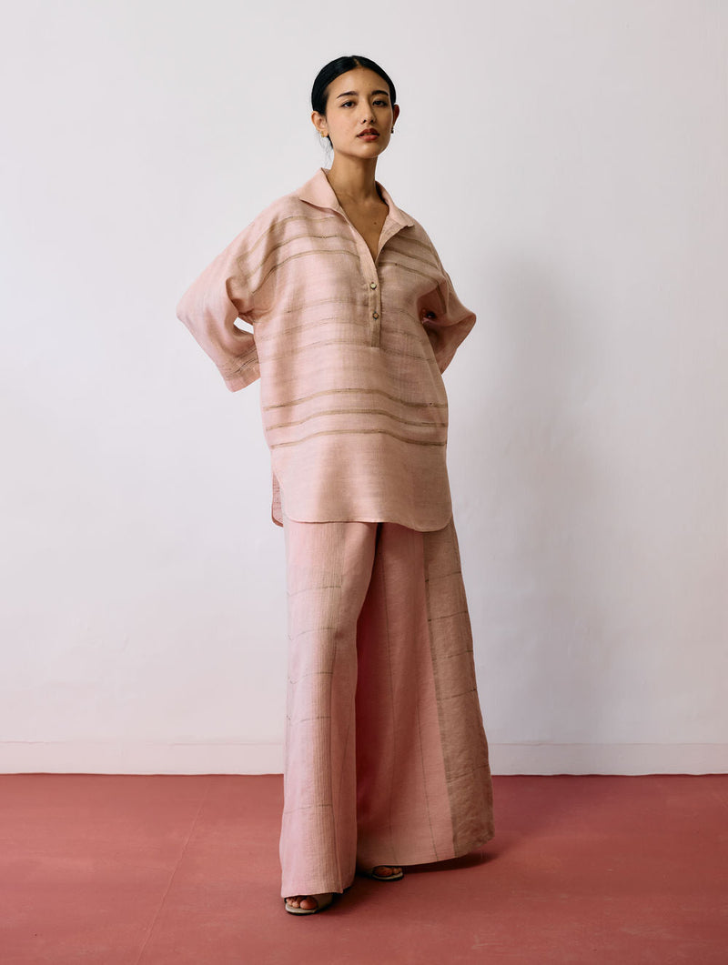 Dayana Handwoven Tussar Silk Top-Ecru Pink tussar katiya silk top/shirt by Manan in natural for women in Singapore