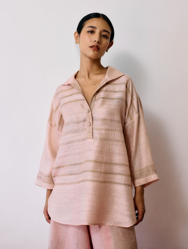 Dayana Handwoven Tussar Silk Top-Ecru Pink tussar katiya silk top/shirt by Manan in natural for women in Singapore