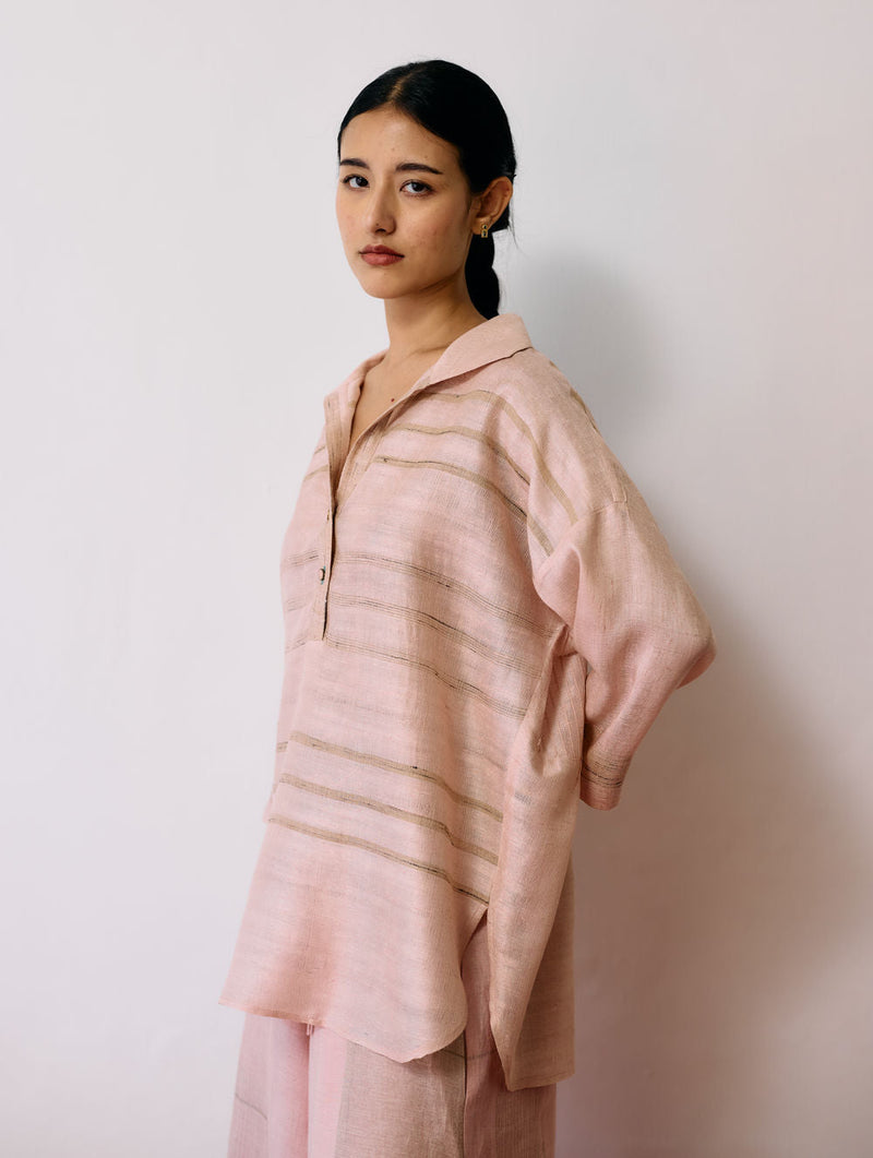 Dayana Handwoven Tussar Silk Top-Ecru Pink tussar katiya silk top/shirt by Manan in natural for women in Singapore
