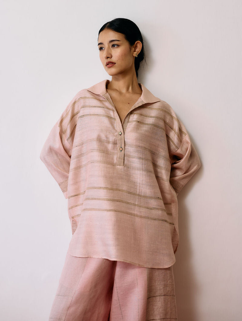 Dayana Handwoven Tussar Silk Top-Ecru Pink tussar katiya silk top/shirt by Manan in natural for women in Singapore
