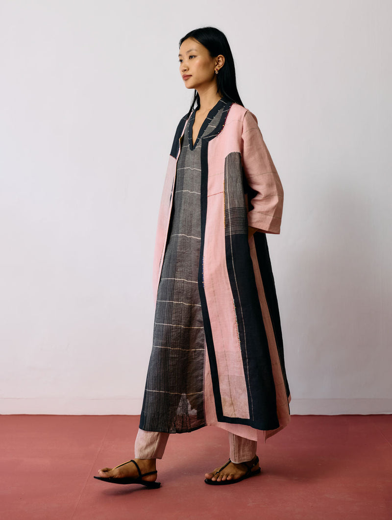 Shal Patchwork Linen Sleeveless Jacket linen jacket/overlay by Manan in pink, black for women in Singapore