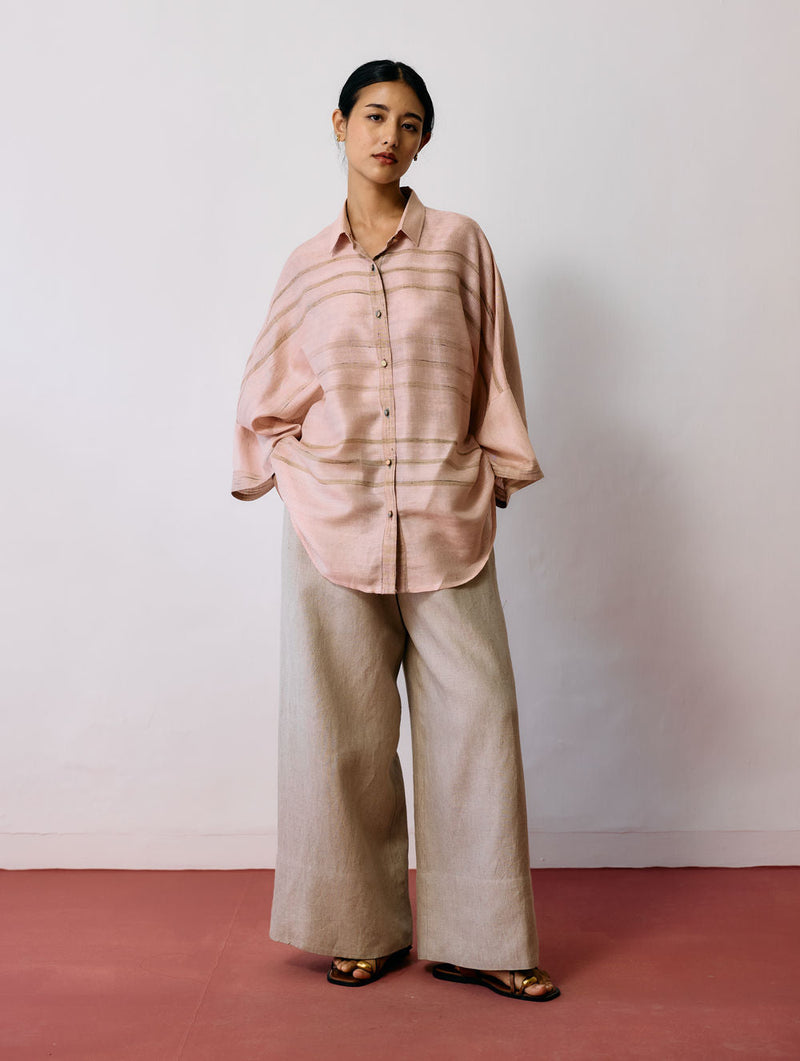 Ines Handwoven Tussar Silk Shirt-Ecru Pink tussar katiya silk top/shirt by Manan in natural for women in Singapore
