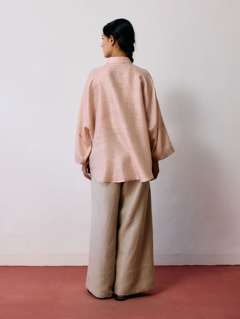 Ines Handwoven Tussar Silk Shirt-Ecru Pink tussar katiya silk top/shirt by Manan in natural for women in Singapore