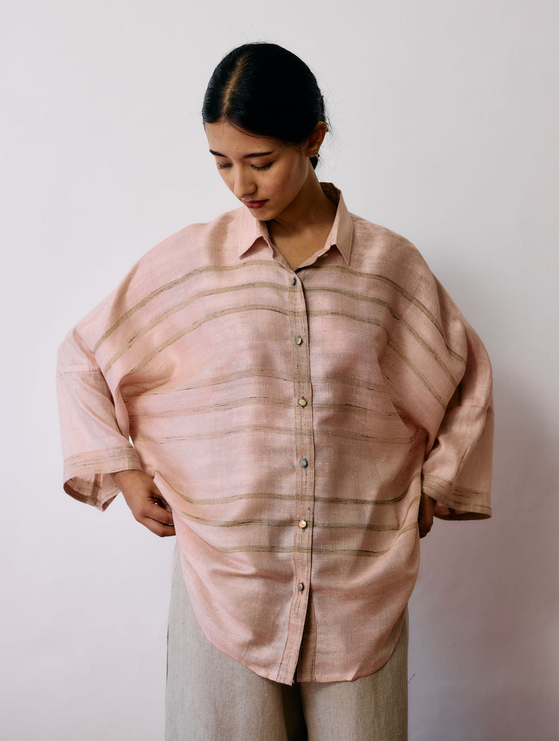 Ines Handwoven Tussar Silk Shirt-Ecru Pink tussar katiya silk top/shirt by Manan in natural for women in Singapore