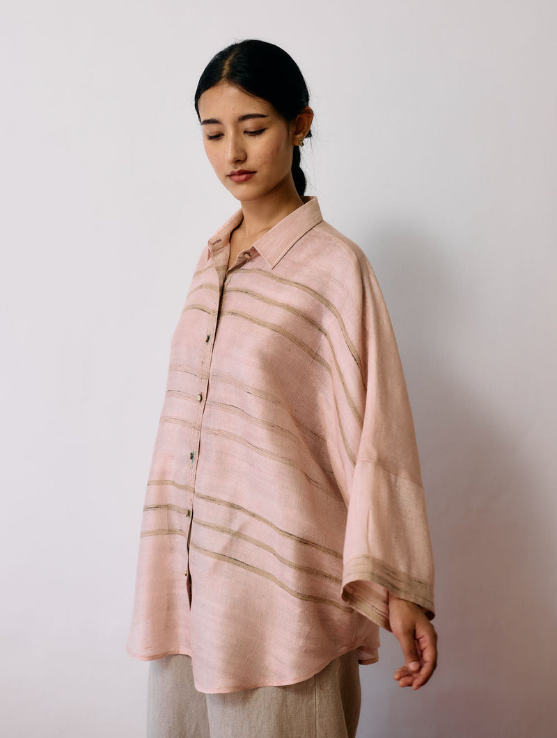 Ines Handwoven Tussar Silk Shirt-Ecru Pink tussar katiya silk top/shirt by Manan in natural for women in Singapore
