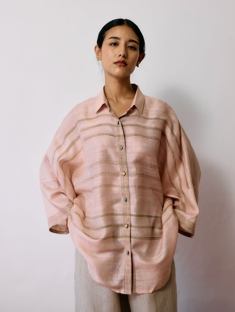 Ines Handwoven Tussar Silk Shirt-Ecru Pink tussar katiya silk top/shirt by Manan in natural for women in Singapore