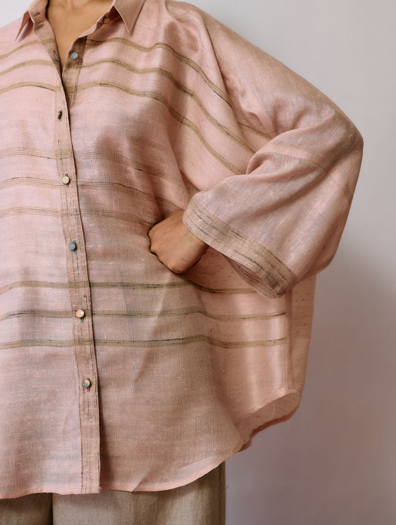 Ines Handwoven Tussar Silk Shirt-Ecru Pink tussar katiya silk top/shirt by Manan in natural for women in Singapore