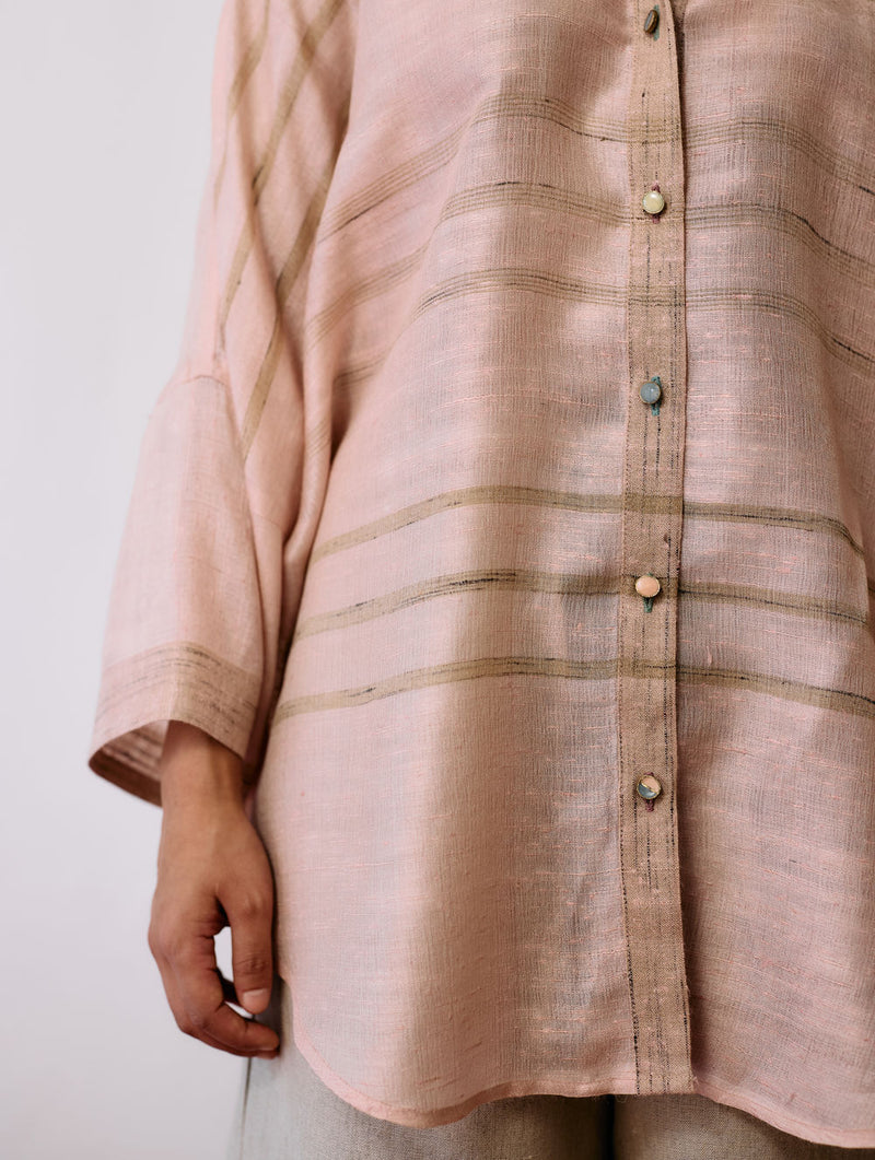 Ines Handwoven Tussar Silk Shirt-Ecru Pink tussar katiya silk top/shirt by Manan in natural for women in Singapore