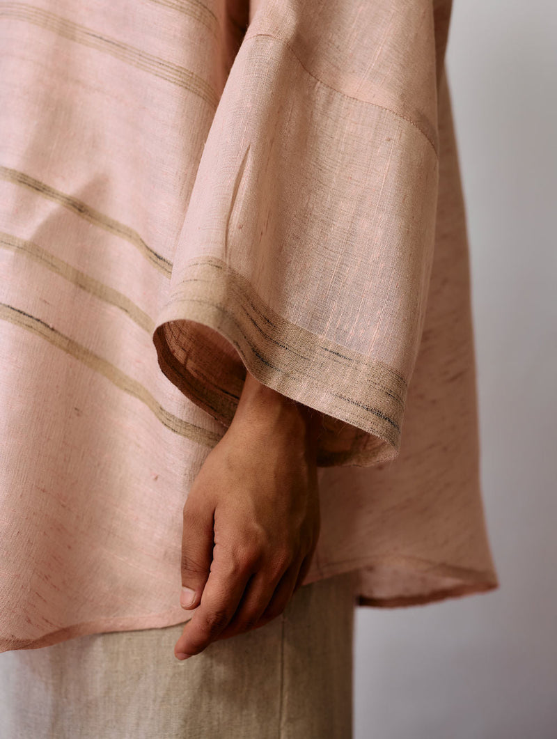 Ines Handwoven Tussar Silk Shirt-Ecru Pink tussar katiya silk top/shirt by Manan in natural for women in Singapore
