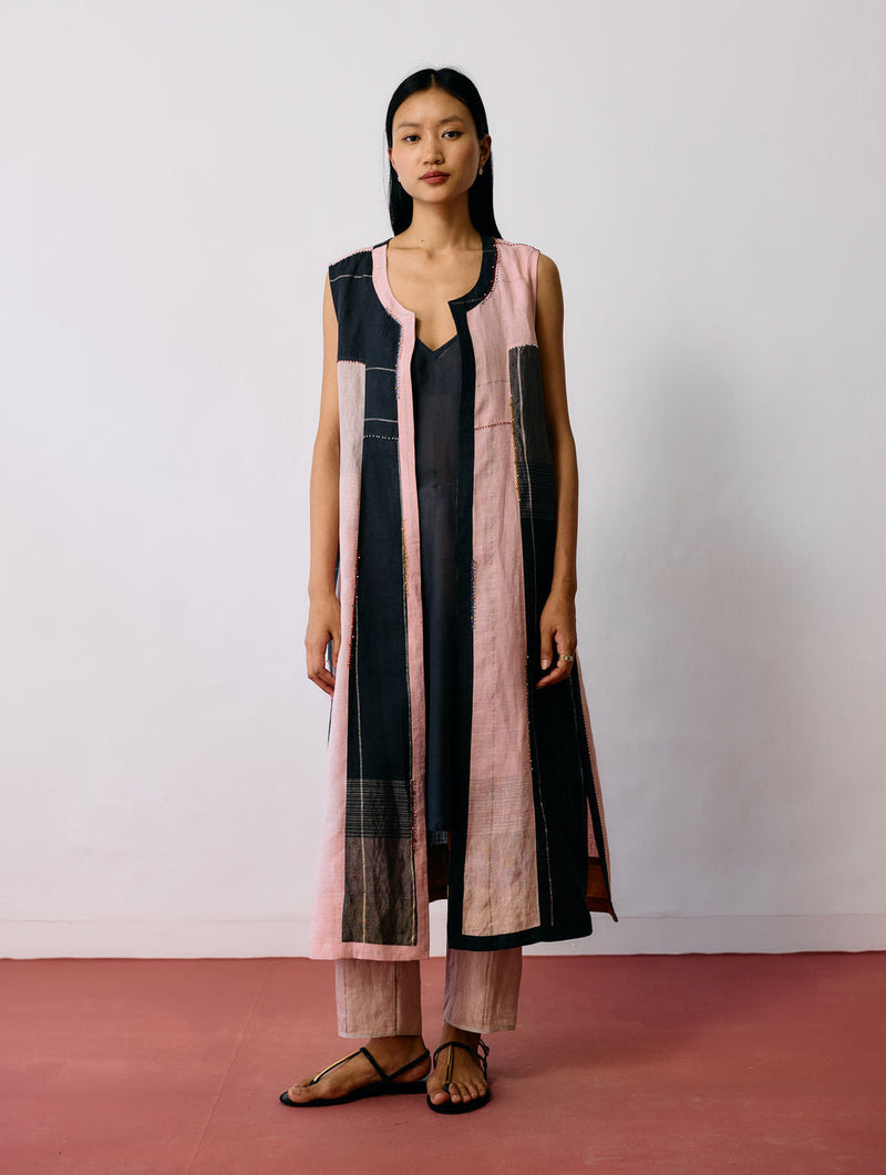 Shal Patchwork Linen Sleeveless Jacket linen jacket/overlay by Manan in pink, black for women in Singapore