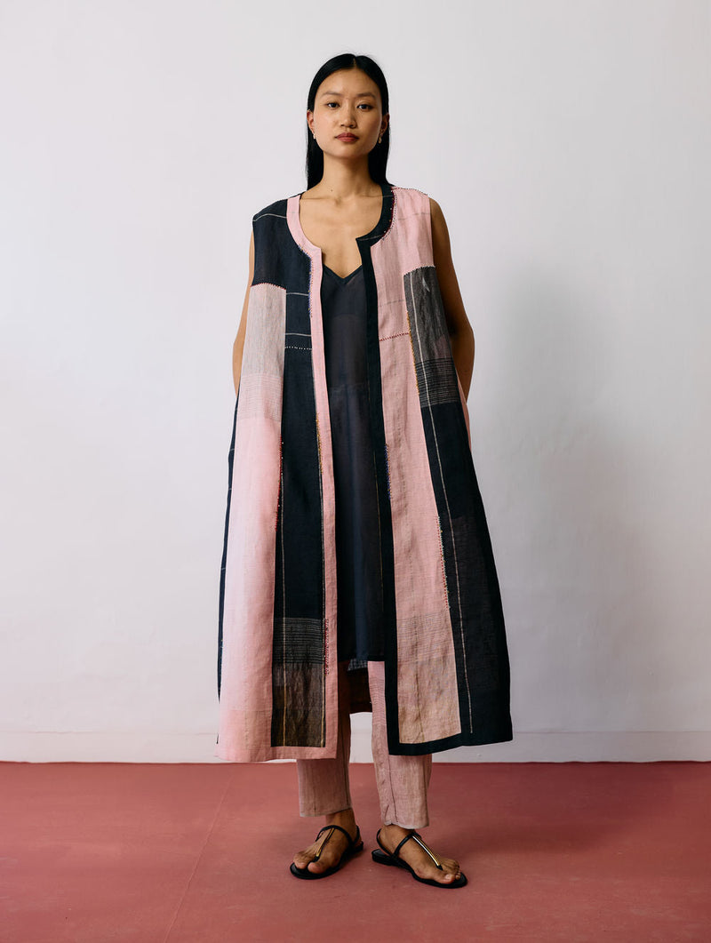 Shal Patchwork Linen Sleeveless Jacket linen jacket/overlay by Manan in pink, black for women in Singapore