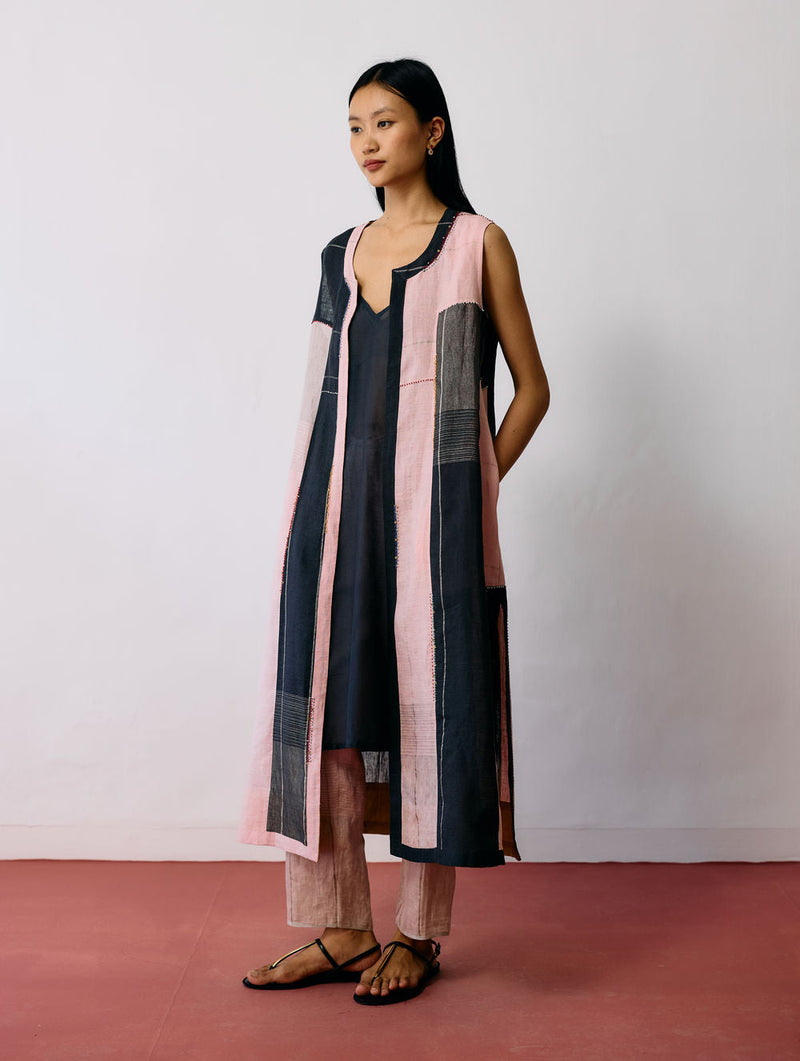 Shal Patchwork Linen Sleeveless Jacket linen jacket/overlay by Manan in pink, black for women in Singapore