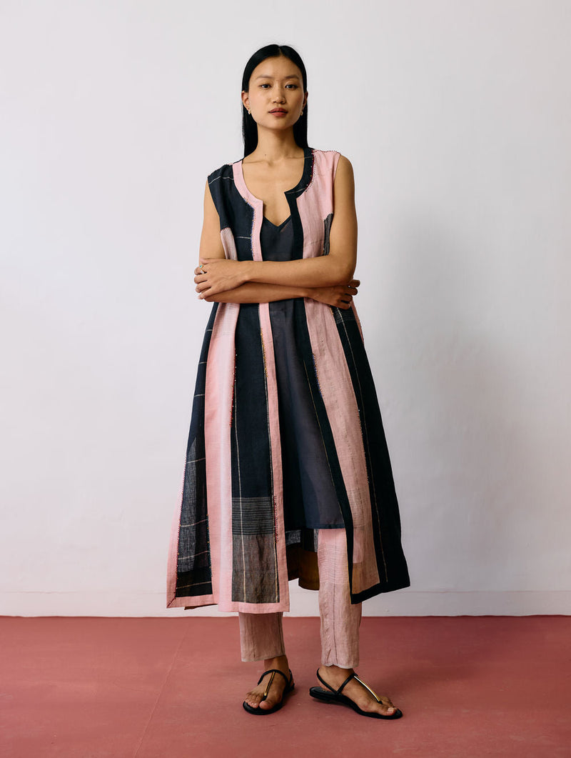 Shal Patchwork Linen Sleeveless Jacket linen jacket/overlay by Manan in pink, black for women in Singapore