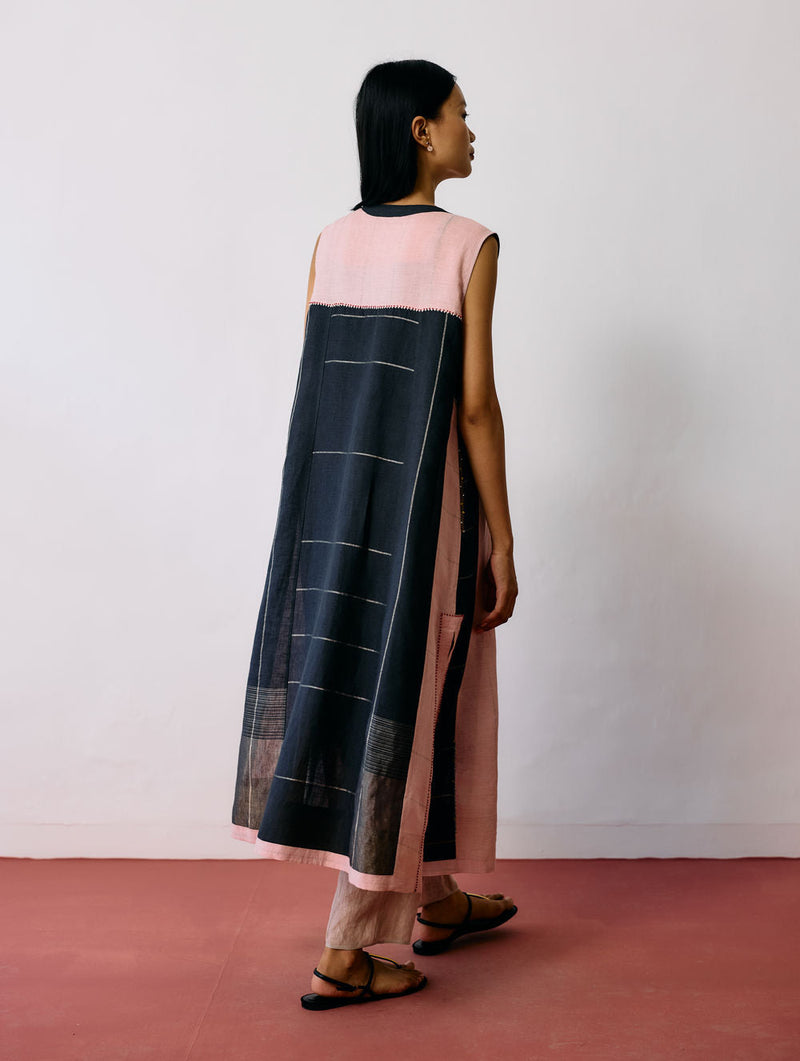Shal Patchwork Linen Sleeveless Jacket linen jacket/overlay by Manan in pink, black for women in Singapore