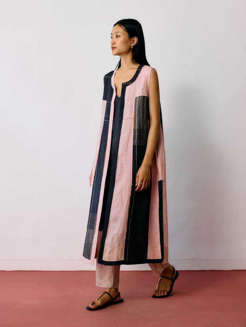 Shal Patchwork Linen Sleeveless Jacket linen jacket/overlay by Manan in pink, black for women in Singapore