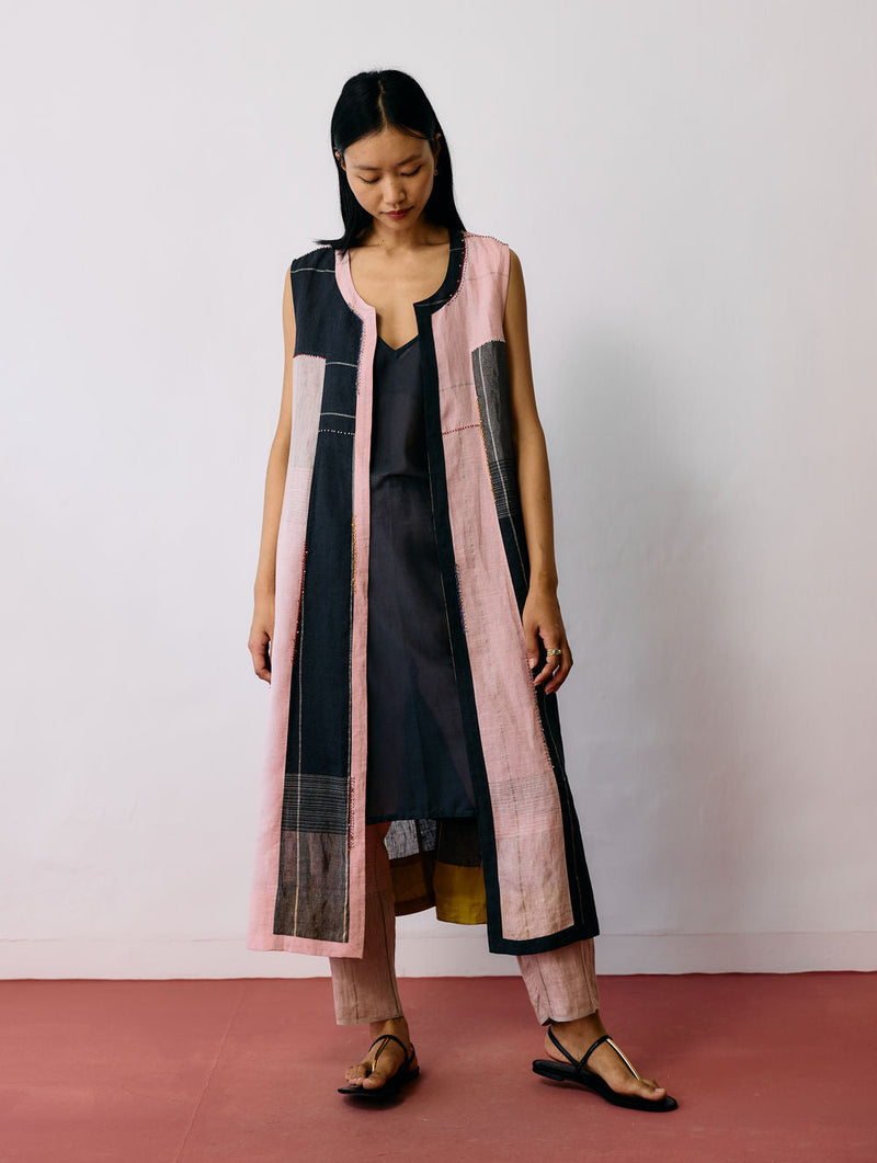 Shal Patchwork Linen Sleeveless Jacket linen jacket/overlay by Manan in pink, black for women in Singapore