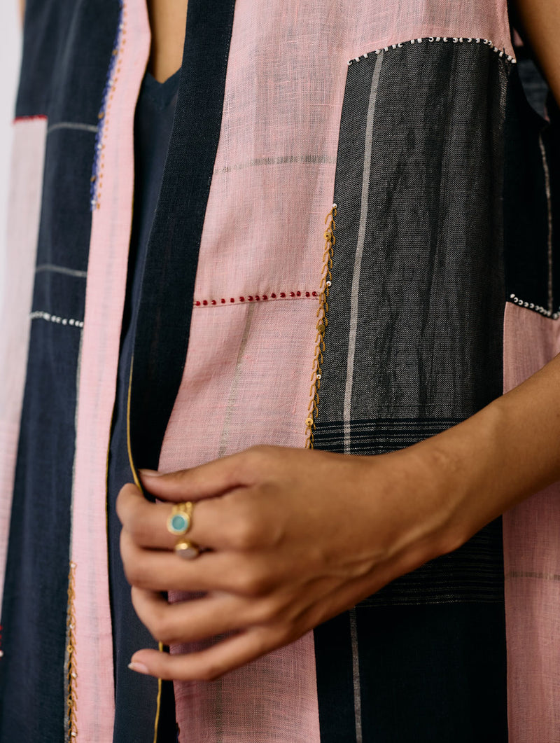 Shal Patchwork Linen Sleeveless Jacket linen jacket/overlay by Manan in pink, black for women in Singapore