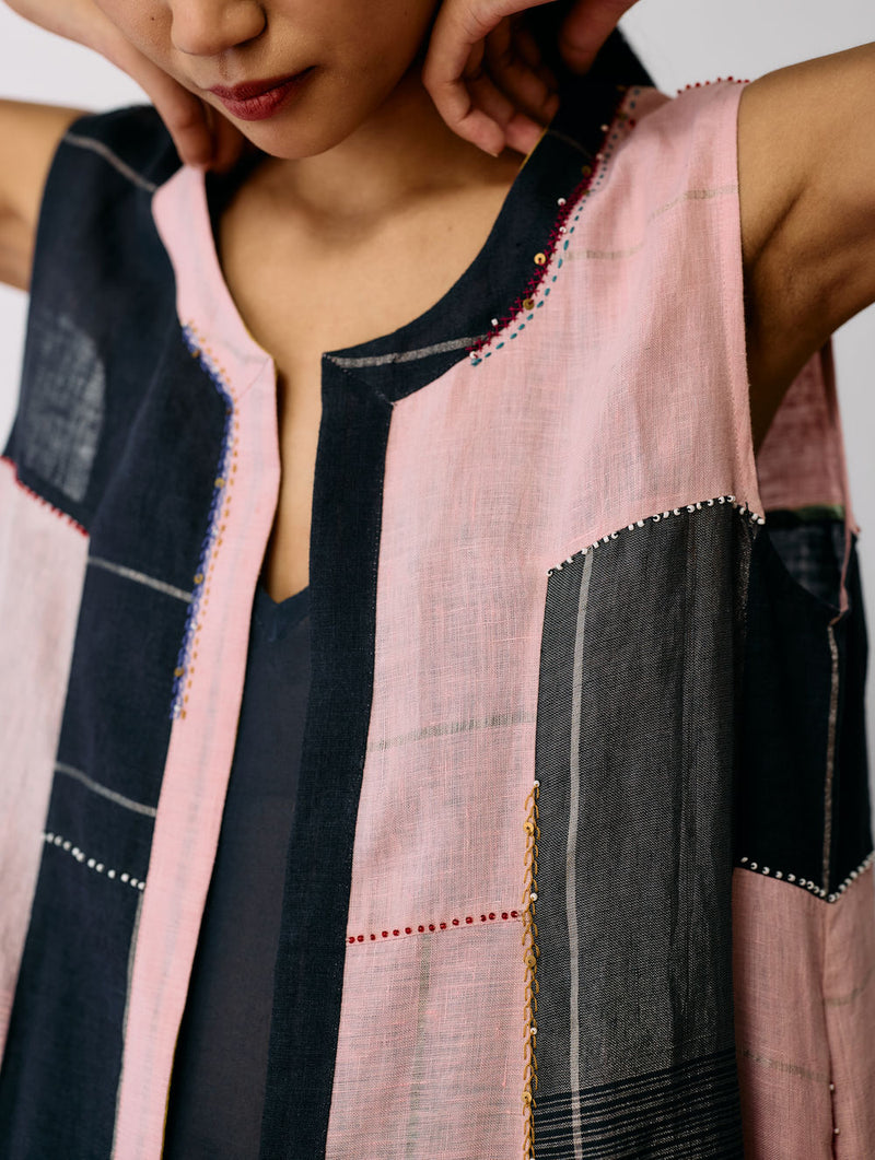 Shal Patchwork Linen Sleeveless Jacket linen jacket/overlay by Manan in pink, black for women in Singapore