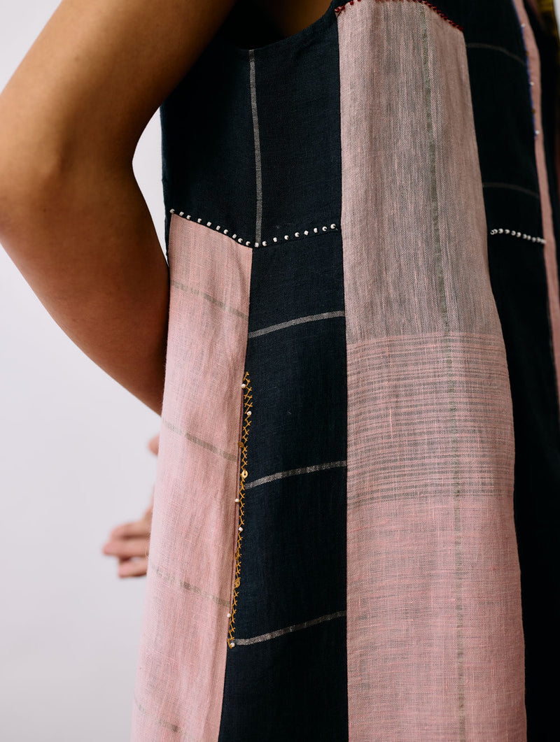 Shal Patchwork Linen Sleeveless Jacket linen jacket/overlay by Manan in pink, black for women in Singapore