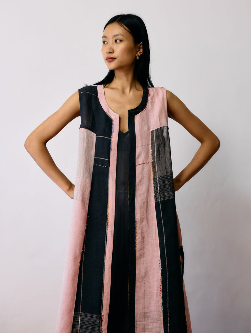 Shal Patchwork Linen Sleeveless Jacket linen jacket/overlay by Manan in pink, black for women in Singapore