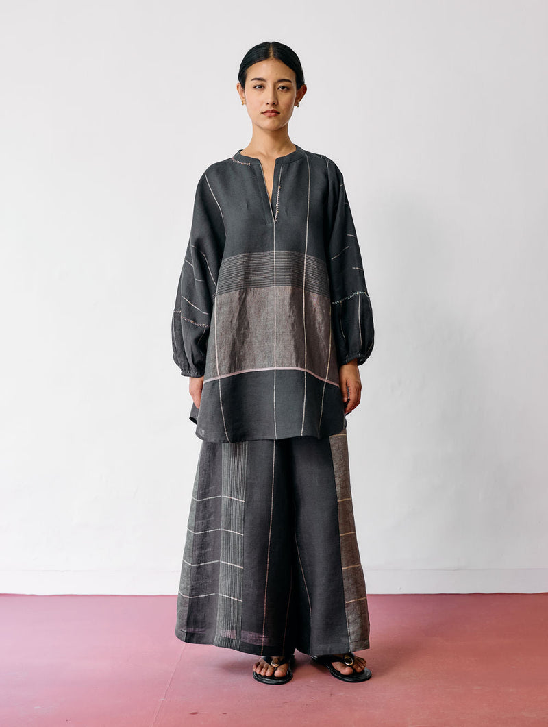 Raza Metallic Linen Top-Charcoal linen top/shirt by Manan in black for women in Singapore