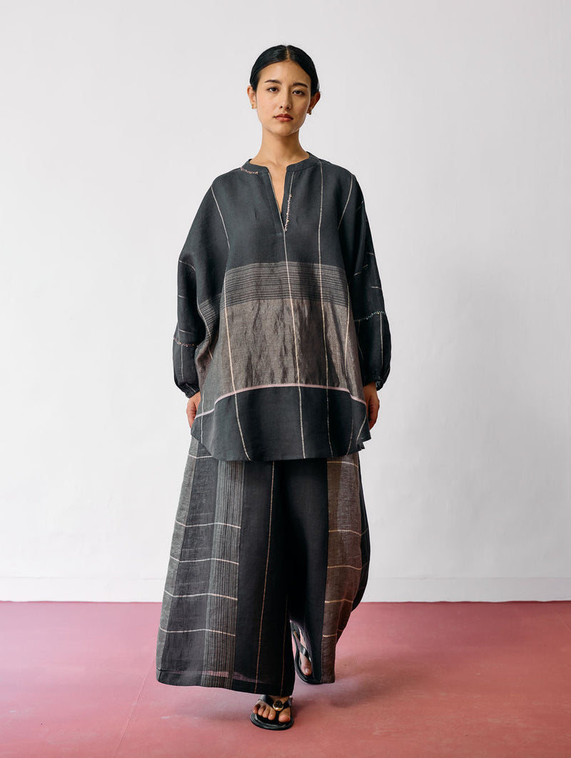 Raza Metallic Linen Top-Charcoal linen top/shirt by Manan in black for women in Singapore