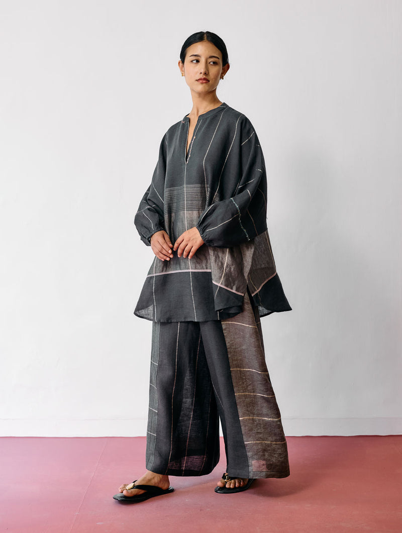 Raza Metallic Linen Co-ord-Charcoal linen co-ord set by Manan in black for women in Singapore