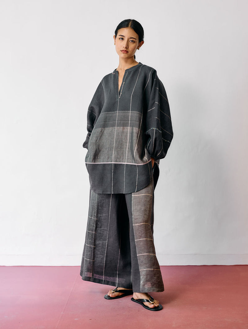Raza Metallic Linen Co-ord-Charcoal linen co-ord set by Manan in black for women in Singapore