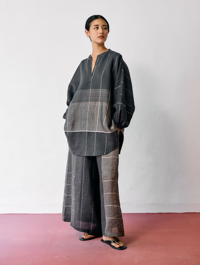 Raza Metallic Linen Co-ord-Charcoal linen co-ord set by Manan in black for women in Singapore