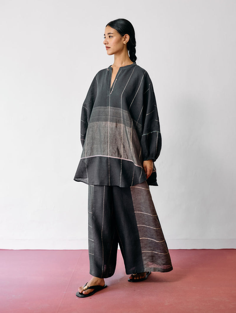 Raza Metallic Linen Co-ord-Charcoal linen co-ord set by Manan in black for women in Singapore