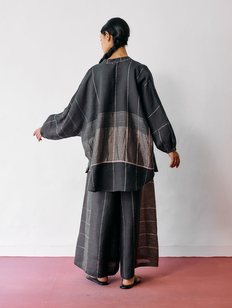 Raza Metallic Linen Co-ord-Charcoal linen co-ord set by Manan in black for women in Singapore