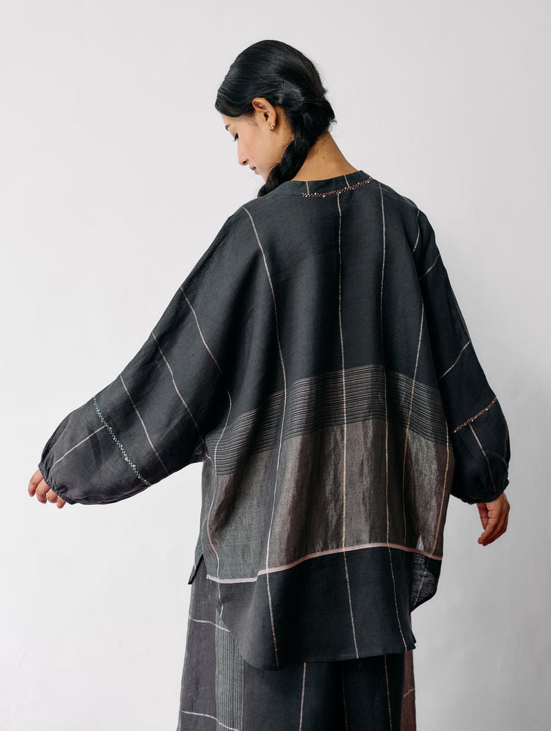 Raza Metallic Linen Top-Charcoal linen top/shirt by Manan in black for women in Singapore