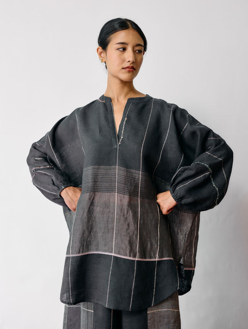 Raza Metallic Linen Top-Charcoal linen top/shirt by Manan in black for women in Singapore