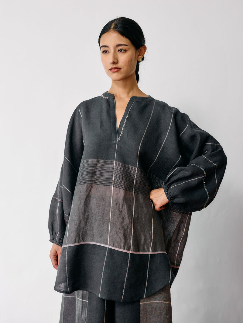 Raza Metallic Linen Top-Charcoal linen top/shirt by Manan in black for women in Singapore