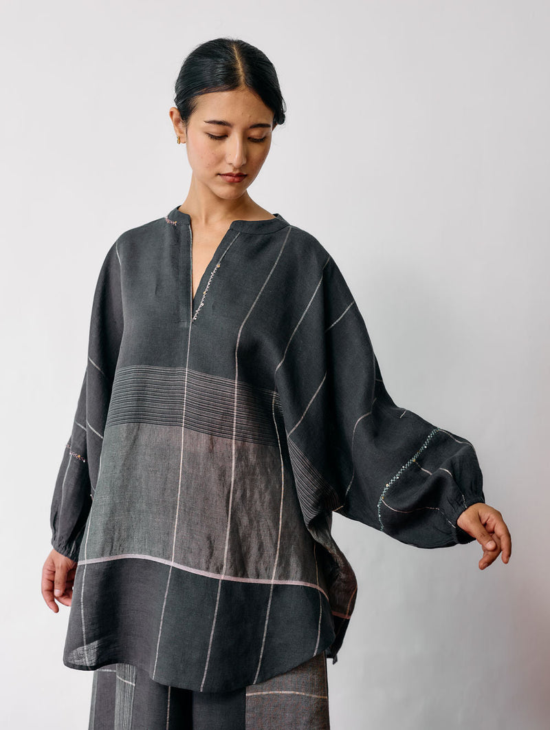 Raza Metallic Linen Top-Charcoal linen top/shirt by Manan in black for women in Singapore