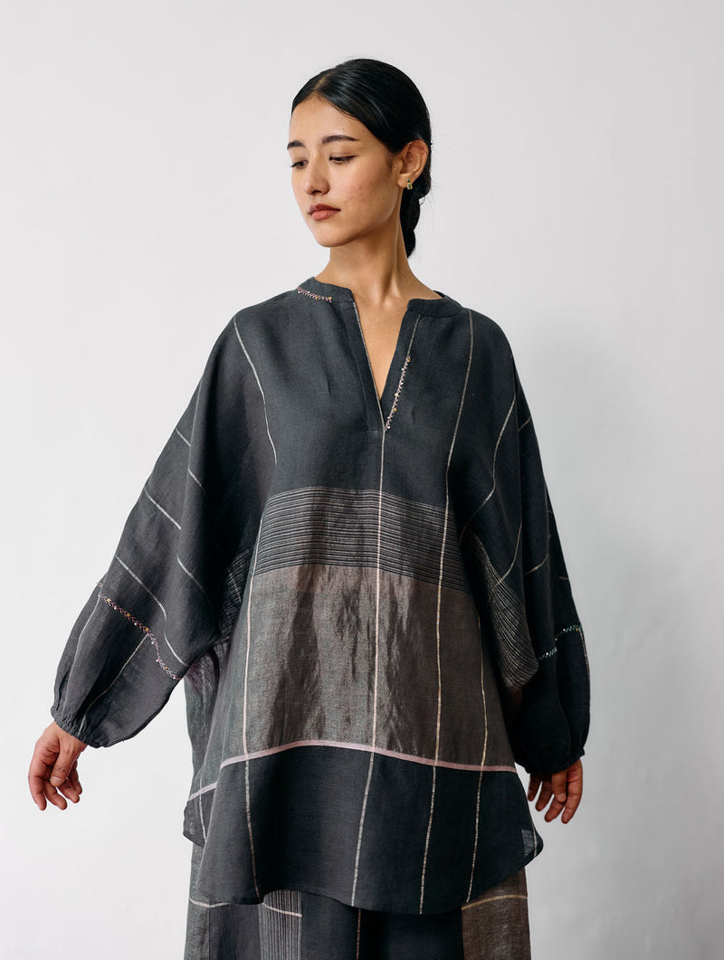 Raza Metallic Linen Co-ord-Charcoal linen co-ord set by Manan in black for women in Singapore