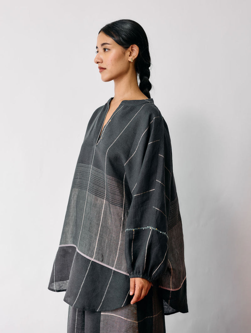 Raza Metallic Linen Top-Charcoal linen top/shirt by Manan in black for women in Singapore