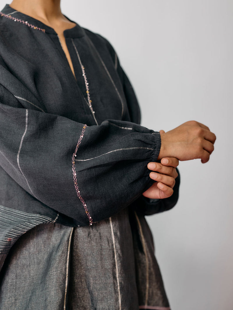 Raza Metallic Linen Co-ord-Charcoal linen co-ord set by Manan in black for women in Singapore