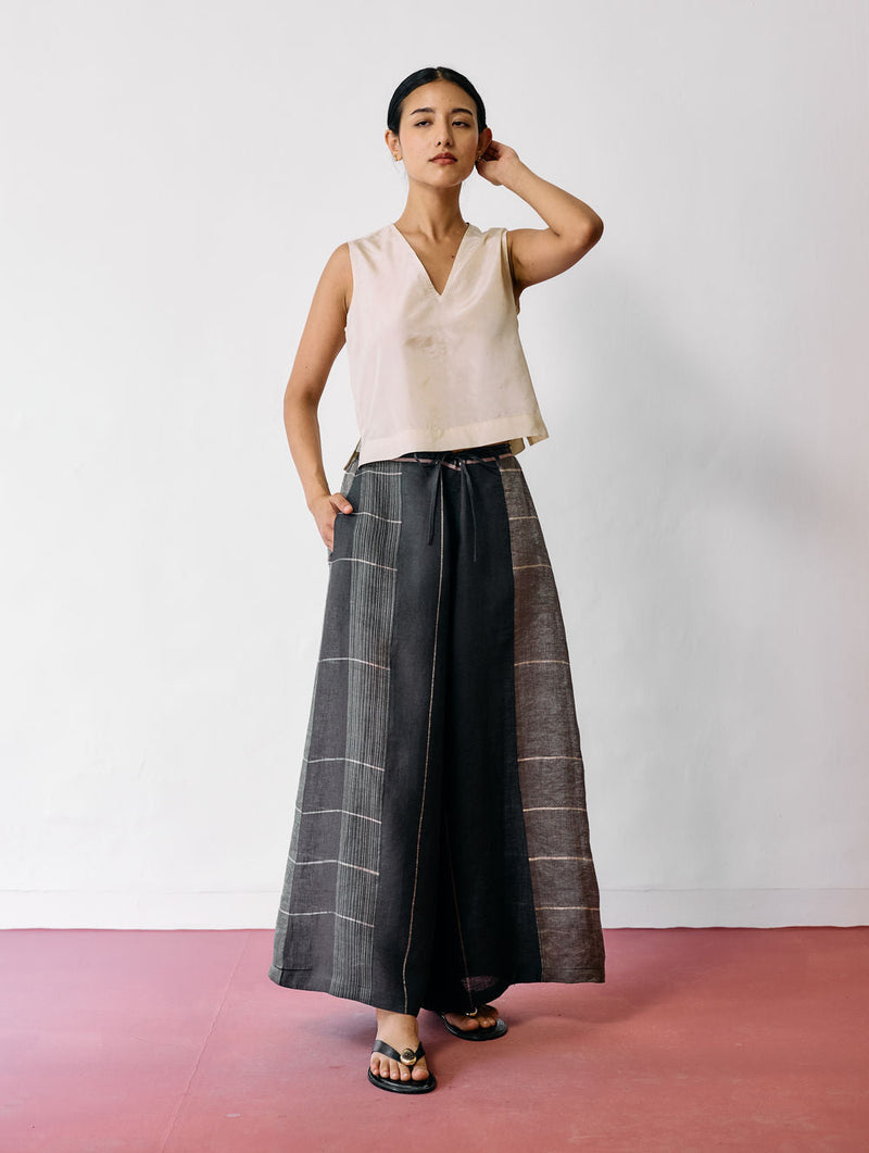Sera Wide-Leg Metallic Linen Pants-Charcoal linen pant/trousers by Manan in black for women in Singapore