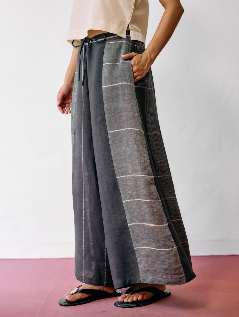 Hanat Hand-Embroidered Bird Co-ord-Charcoal linen co-ord set by Manan in black for women in Singapore