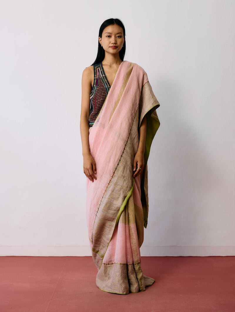 Afra Metallic Handloom Linen Saree-Metallic Pink linen saree by Manan in pink for women in Singapore