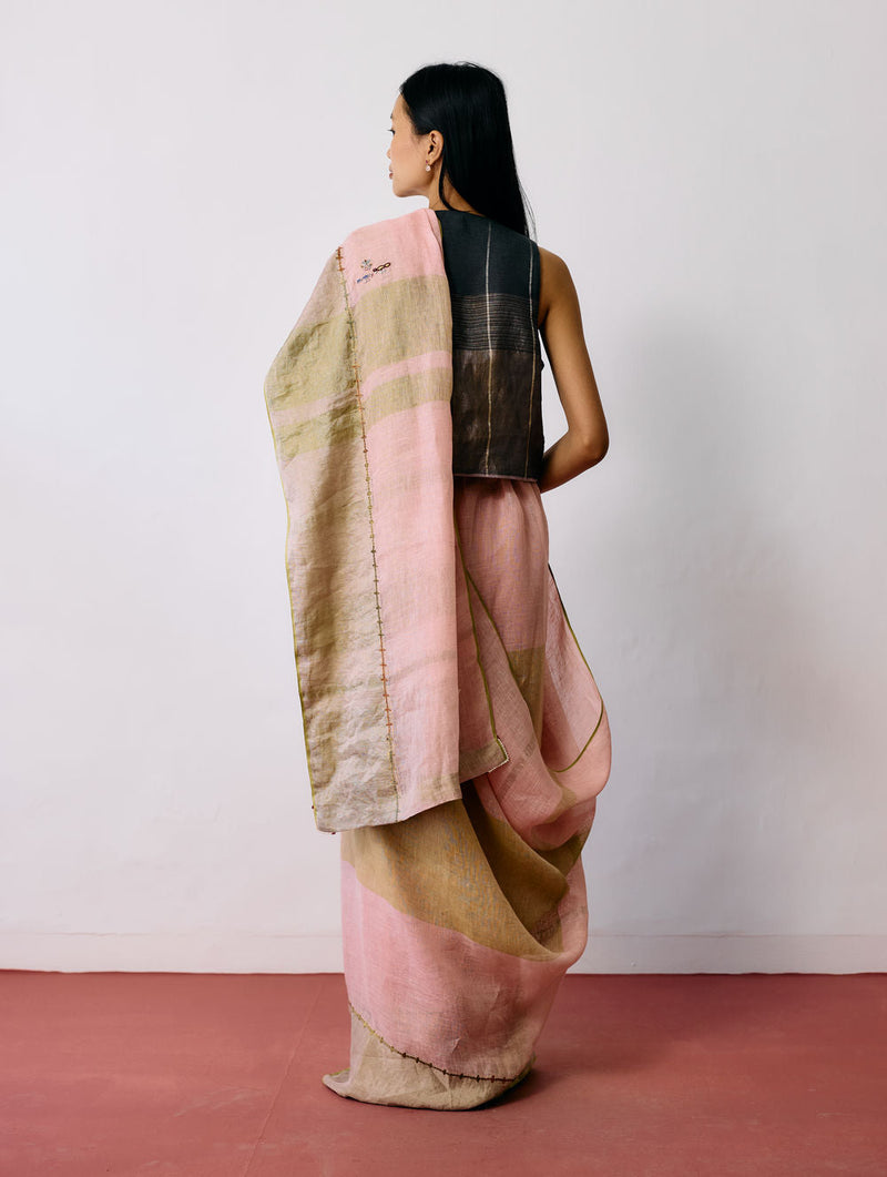 Afra Metallic Handloom Linen Saree-Metallic Pink linen saree by Manan in pink for women in Singapore